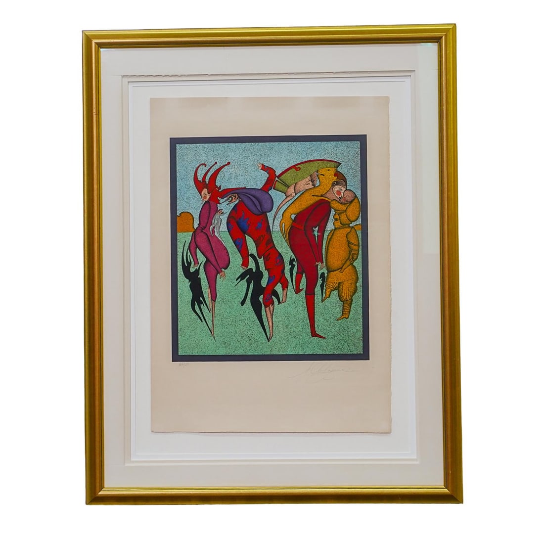 Mihail Chemiakin (Russian, b. 1943) Lithograph: Mihail Chemiakin (Russian, b. 1943) LithographMid to late 20th century, RussiaMihail Chemiakin (Russian, born 1943) lithograph featuring depictions of jesters and knights in an outdoor setting. Marked