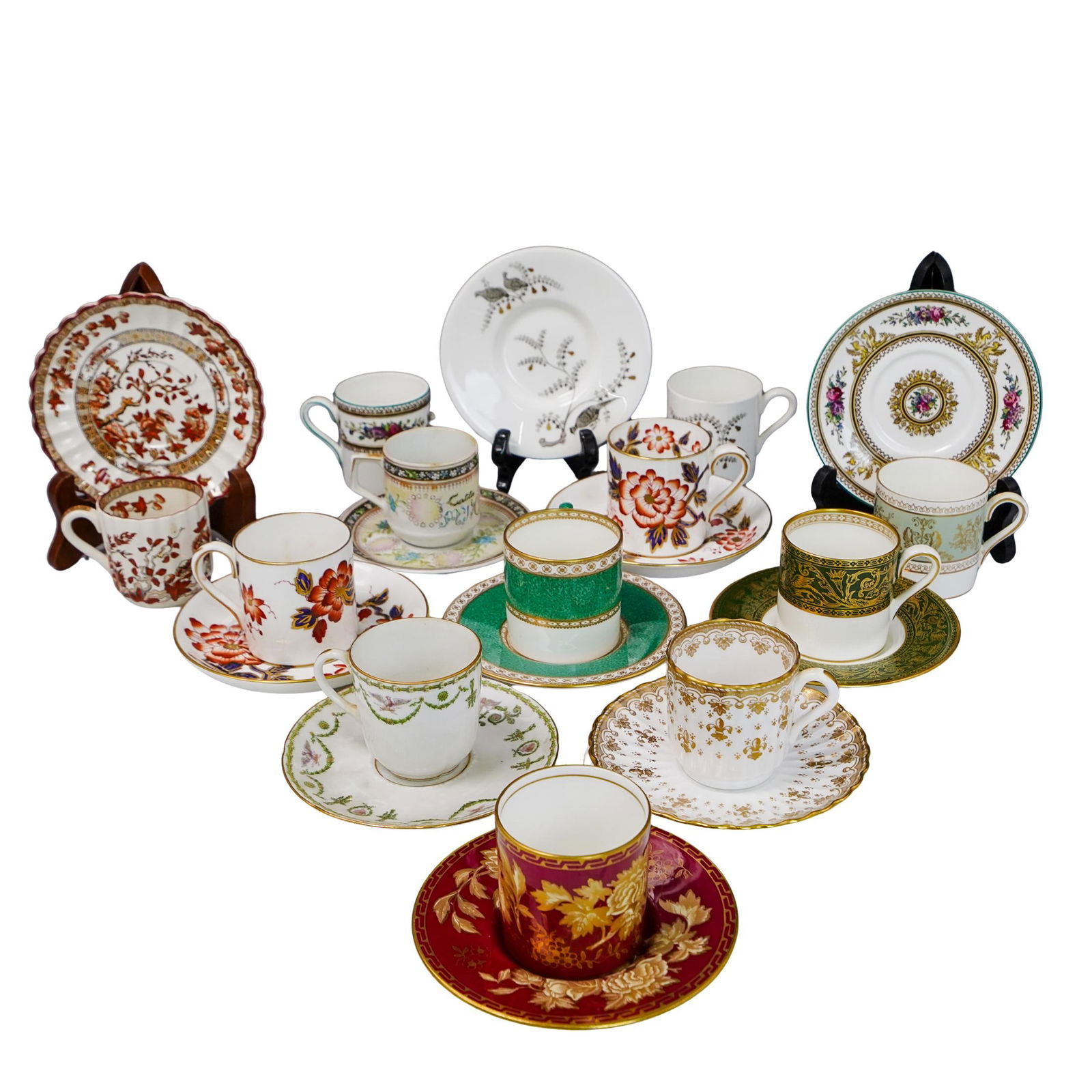 (23 pcs) Assorted Fine Porcelain & Bone China Tea Cups and Saucers: (23 pcs) Assorted Fine Porcelain & Bone China Tea Cups and SaucersLate 19th-mid 20th century, ContinentalAssorted grouping of fine porcelain/bone china hand-painted tea cups and saucers. Includes 12 c
