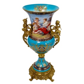 Limoges Design Ornate Gilt Brass & Porcelain Handled Urn