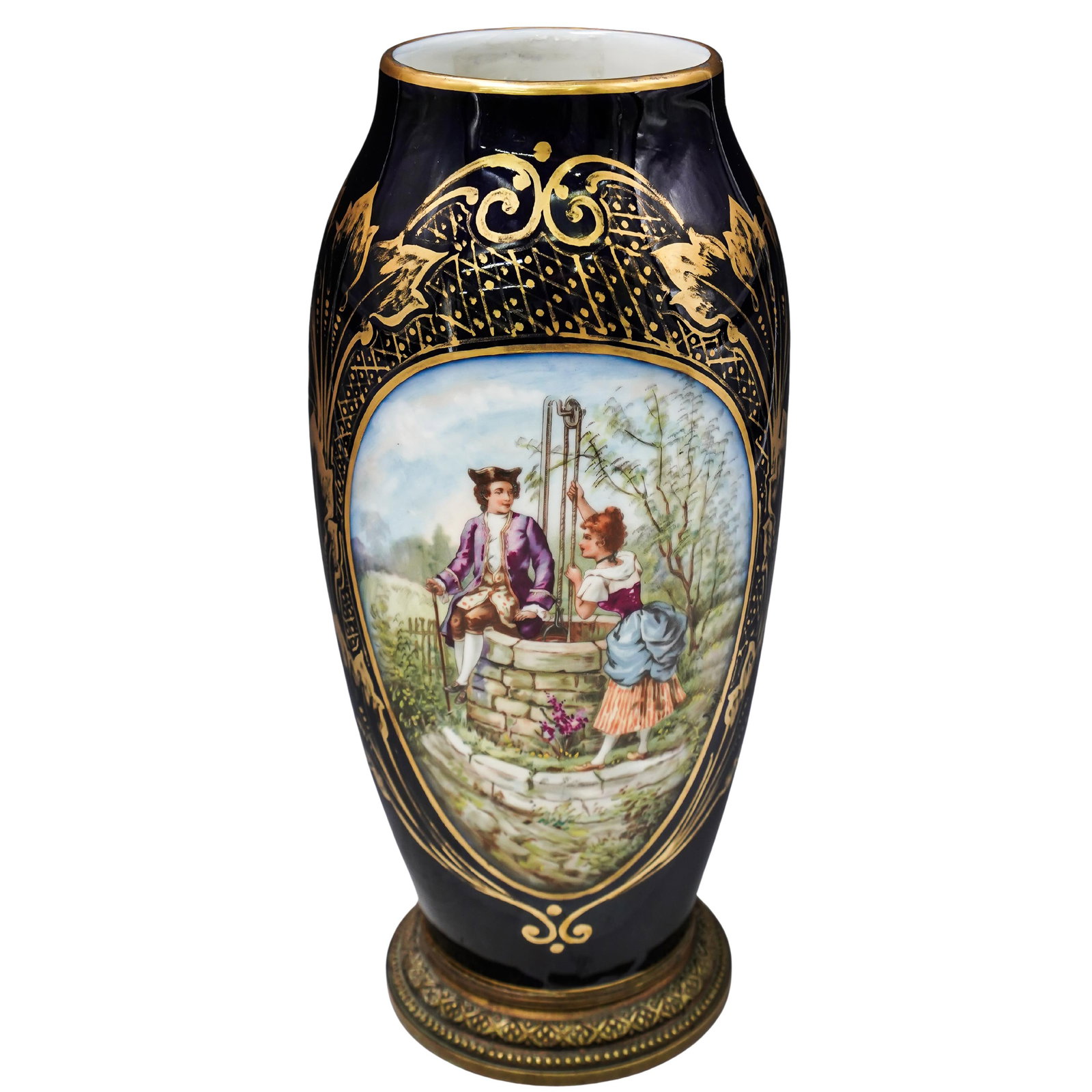 Limoges French Porcelain Vase: Limoges French Porcelain Vase Early 20th century, France M-Fres. Limoges French porcelain vase in a rich navy blue with hand-painted gilt accents and a central hand-painted depiction of an outdoor cou