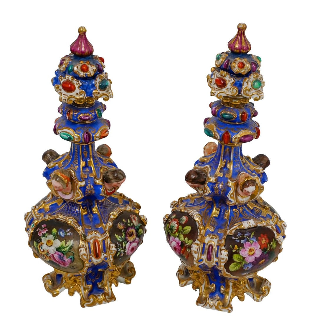 French 19th Century Jacob Petit Porcelain Decanters: French 19th Century Jacob Petit Porcelain Decanters19th Cent, France(2 Pc) French 19th Century Jacob Petit pair of polychrome porcelain baluster flasks with stopper. The bottles are decorated on an az
