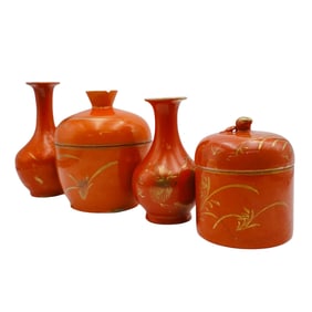 (4 Pc) Chinese Republic Coral Red Porcelain Articles