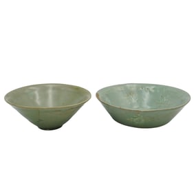 Pair Of Ancient Korean Celadon Glazed Teracotta Dishes