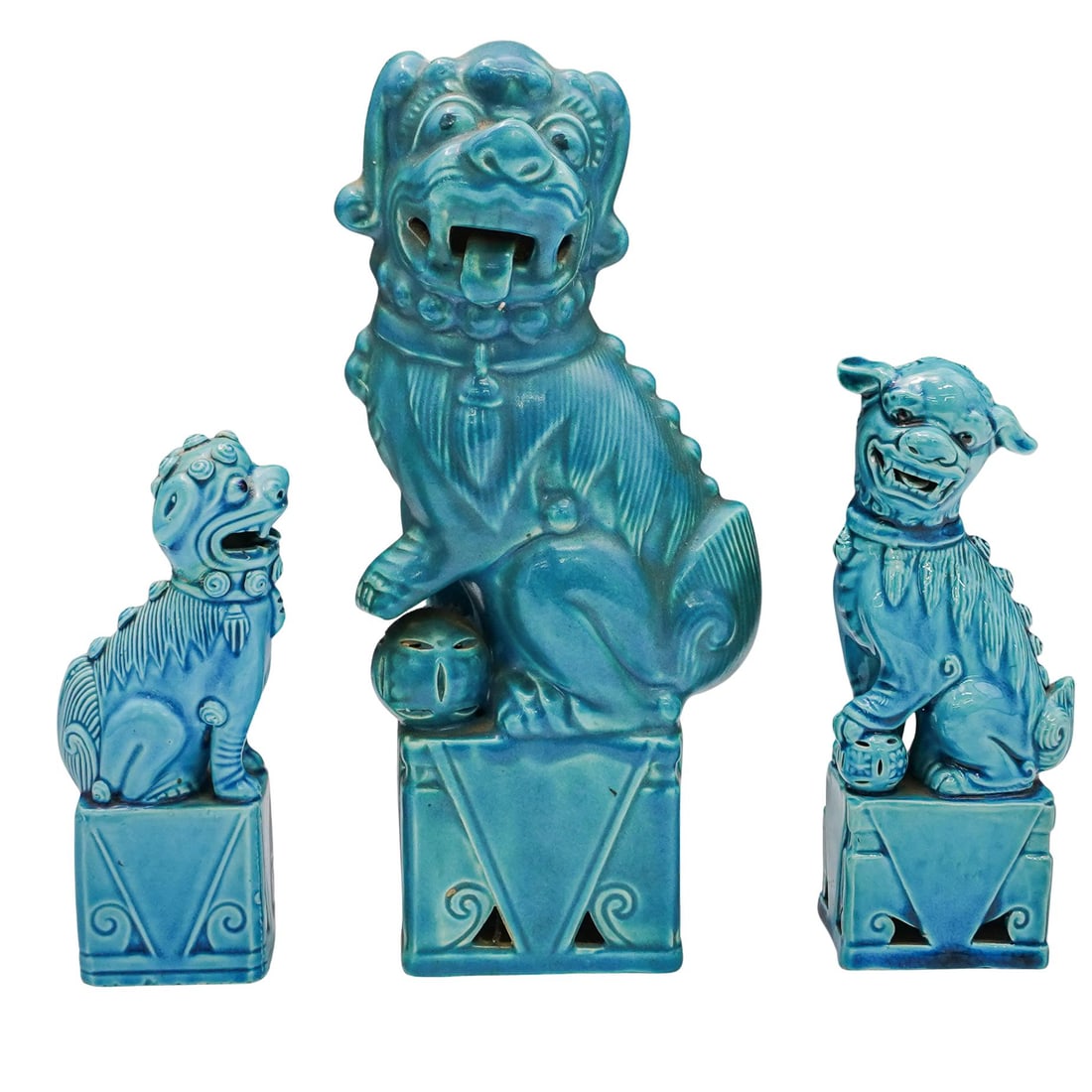 (3 pcs) Antique Chinese Turquoise Glaze Ceramic Foo Dogs (1 of 6)