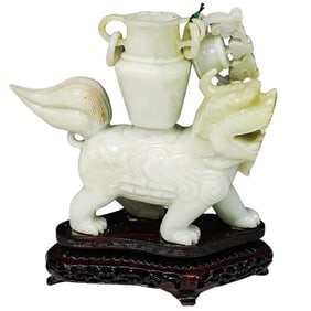 Chinese Serpentine Foo Dog Jade Carving with Box
