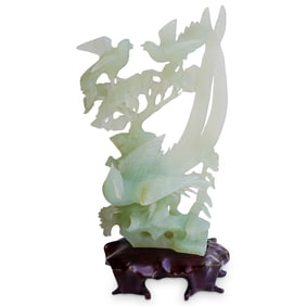 Chinese Serpentine Jade Bird Carving With Box