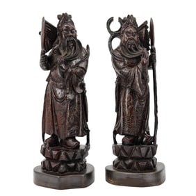 Pair Of Chinese Carved Wood Guan Yu Sculptures