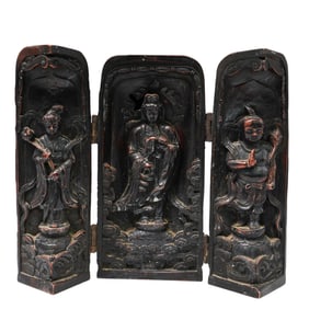 Antique Chinese Signed Carved Wood Traveling Prayer Shrine