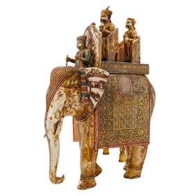 Antique Polychrome & Gilded Carved Bone Elephant Sculpture