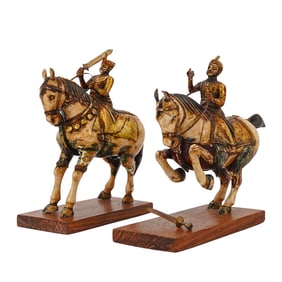 Pair Of Carved Polychrome & Gilded Bone Equestrian Sculptures