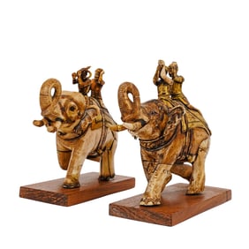 Pair Of Carved Polychrome and Gilded Bone Elephant Sculptures
