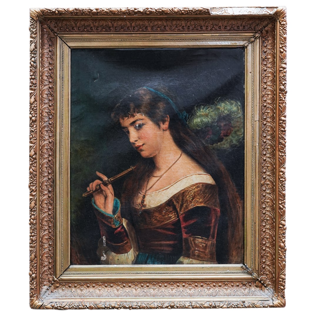 Antique Signed Oil on Canvas Portrait of a Woman: Antique Signed Oil on Canvas Portrait of a Woman 19th century, Continental Antique signed oil on canvas portrait of a woman holding a pipe. Signed what is likely "J Fouillaut" on bottom left. Ornate c
