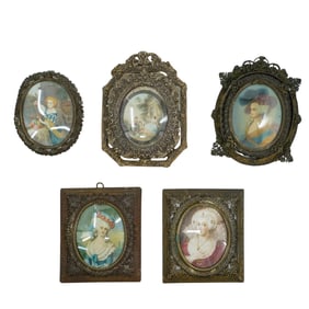 (5 Pc) Antique Hand Painted Miniature Portraits in Bronze Frames
