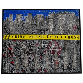 Keith Haring Style Large Acrylic on Canvas Signed "Crime Scene" Painting