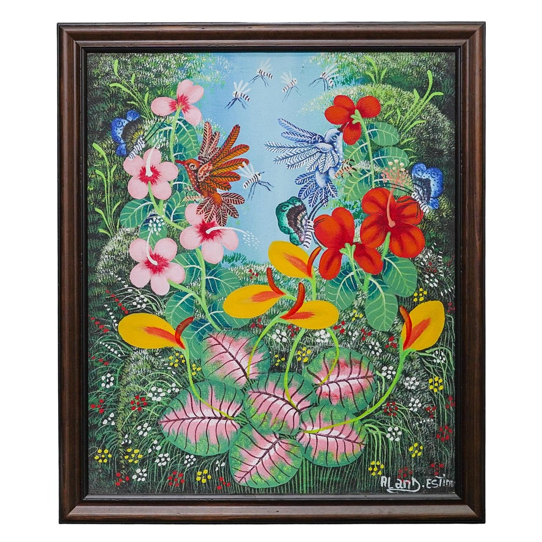 Aland Estime (Haitian) Tropical Rainforest Oil on Canvas Painting: Aland Estime (Haitian) Tropical Rainforest Oil on Canvas Painting 21st century, Haiti Aland Estime (Haitian, 21st century) oil on canvas painting of tropical jungle featuring tropical birds and variou