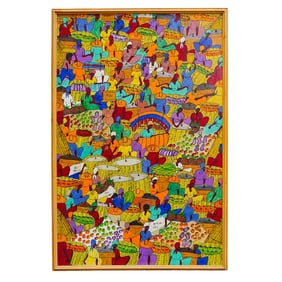 JR Jean-Louis (Haitian) Oil on Canvas Figural Market Scene
