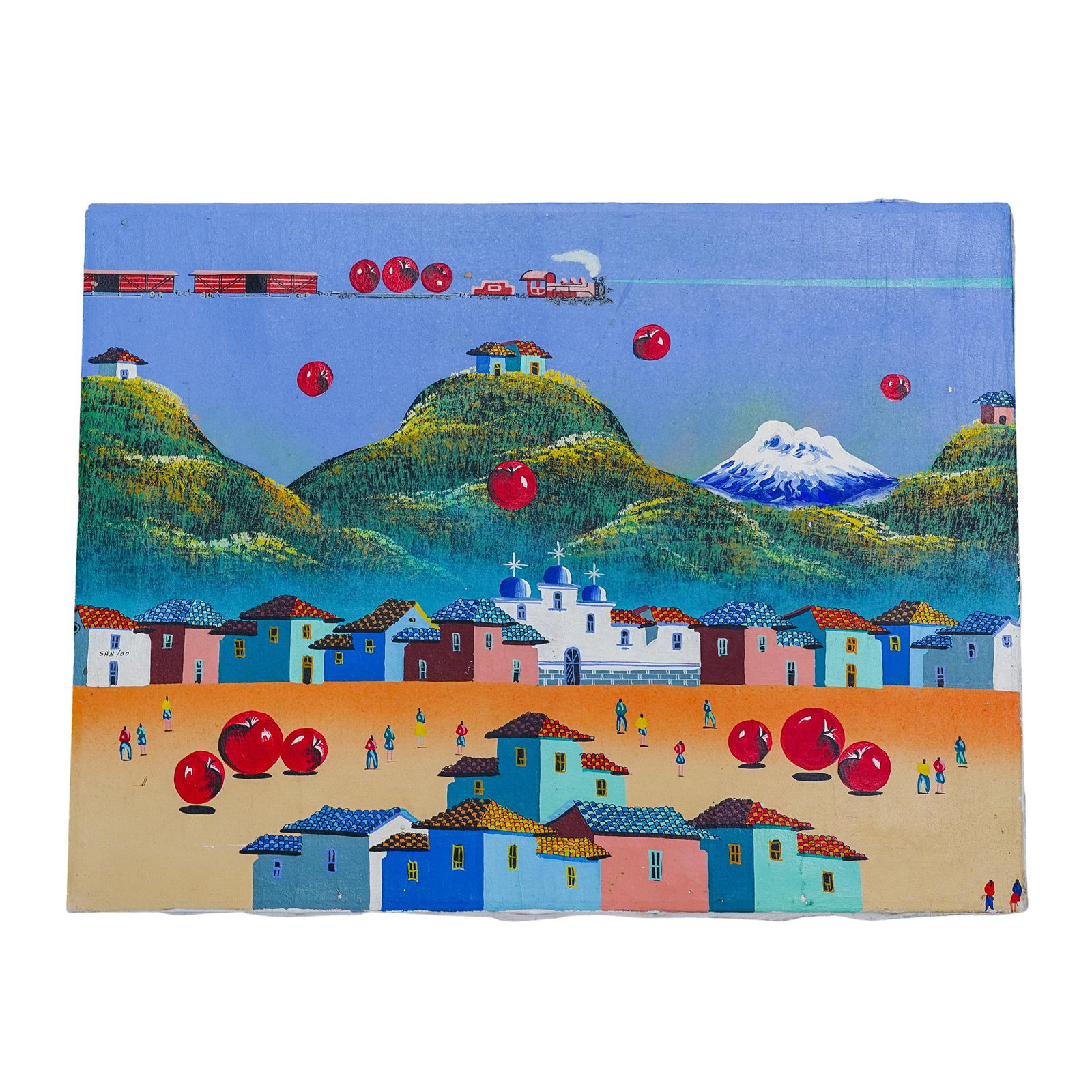 Signed Ecuadorian Acrylic Painting on Canvas: Signed Ecuadorian Acrylic Painting on Canvas 20th century, Ecuador This abstract artwork features colorful houses clustered together under a bright blue sky dotted with red apples. In the background, 