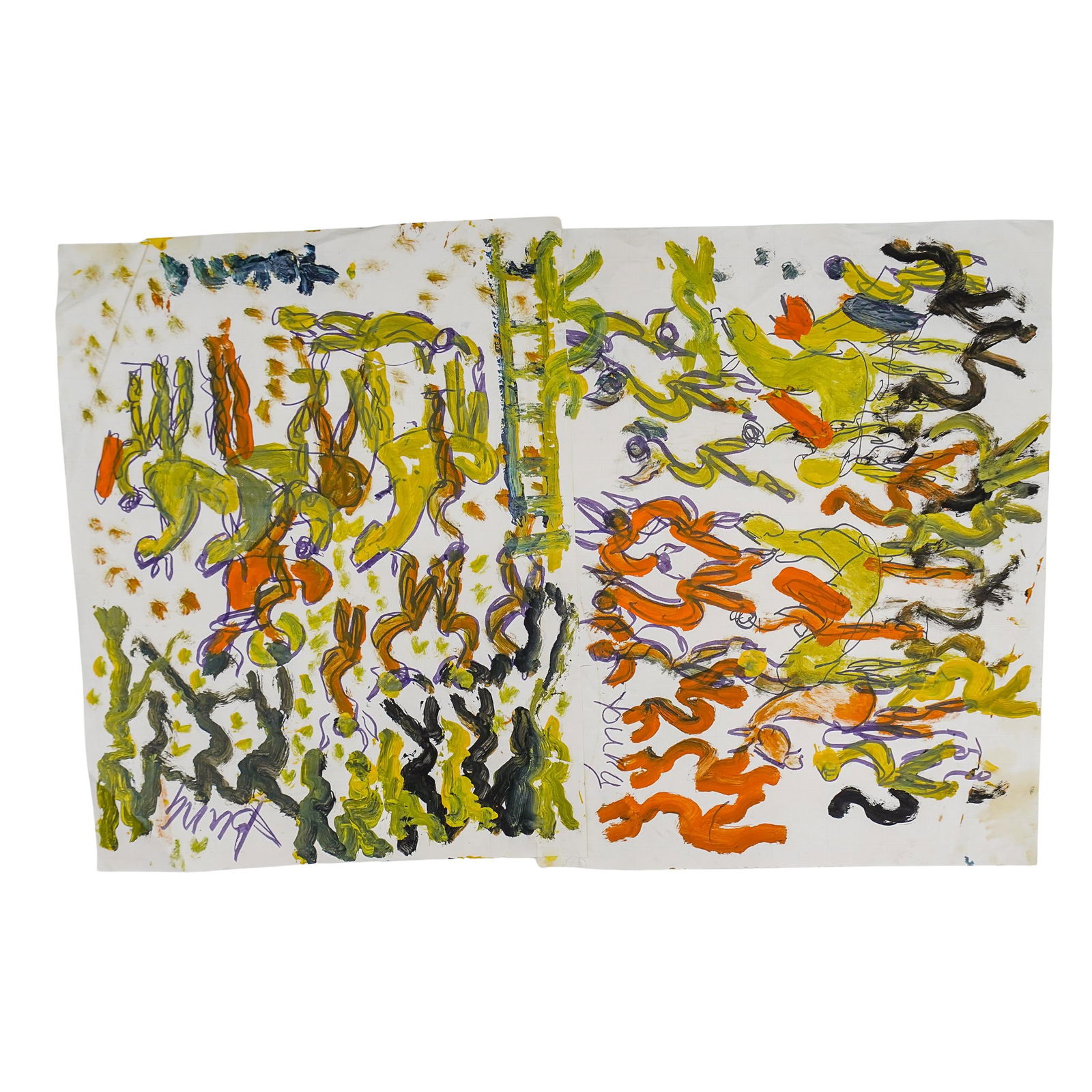 Purvis Young (American, 1943-2010) Figural Mixed Media: Purvis Young (American, 1943-2010) Figural Mixed MediaLate 20th early 21st century, AmericanPurvis Young mixed media on paper in black marker/paint, yellow, and orange featuring abstract figures and h