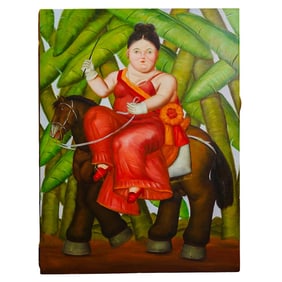 In the Style of Fernando Botero Oil on Canvas Figural Painting