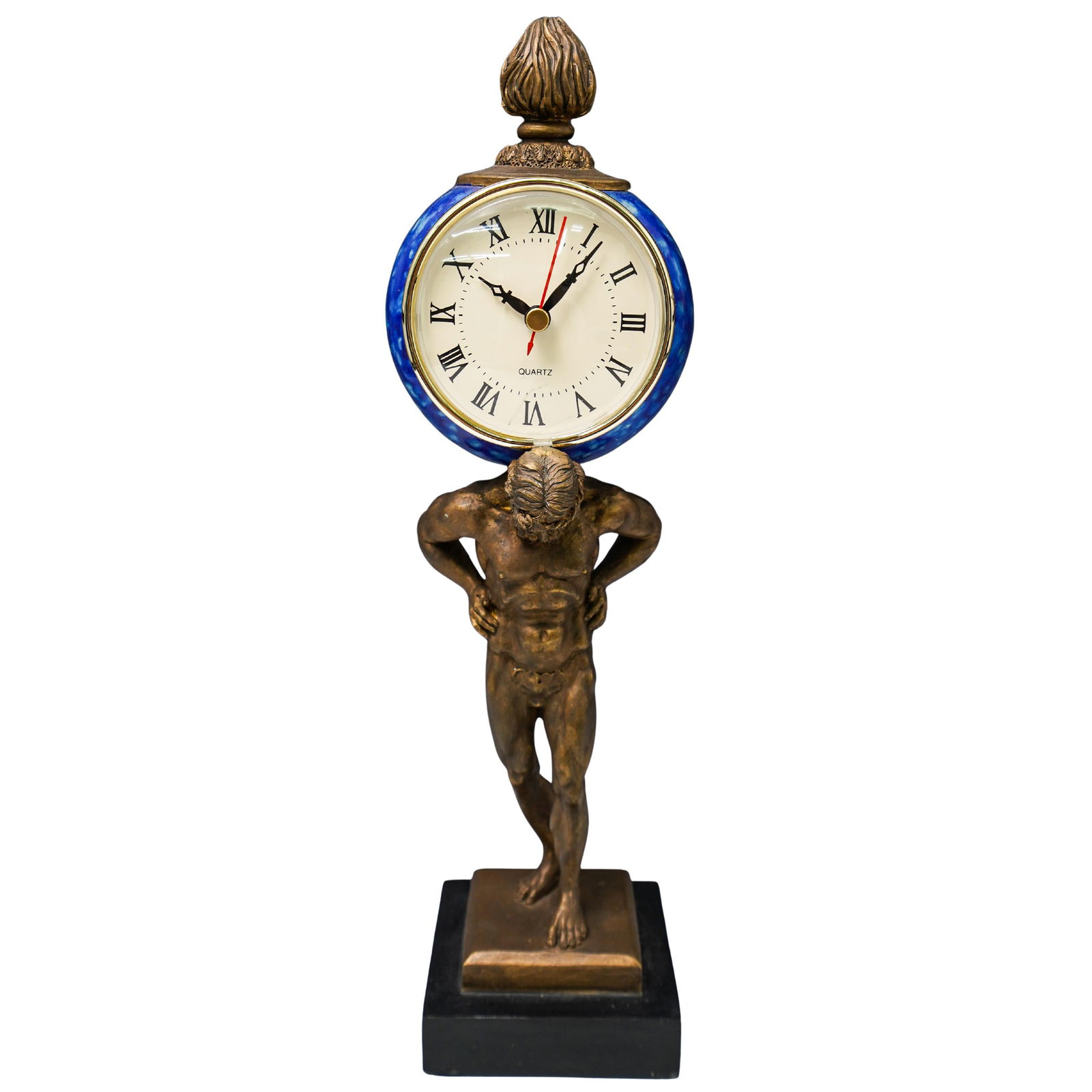 Neoclassical Hercules Clock: Neoclassical Hercules Clock20th century, Continentala clock with a carved composite material base designed to look like Hercules. Composite hand-painted globe clock with quartz clock face and Roman nu