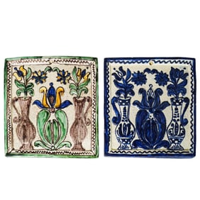 Pair of Vintage Corund Romanian Ceramic Glazed Tiles