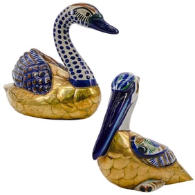 Pair of Mid Century Mexican Brass and Ceramic Pelican