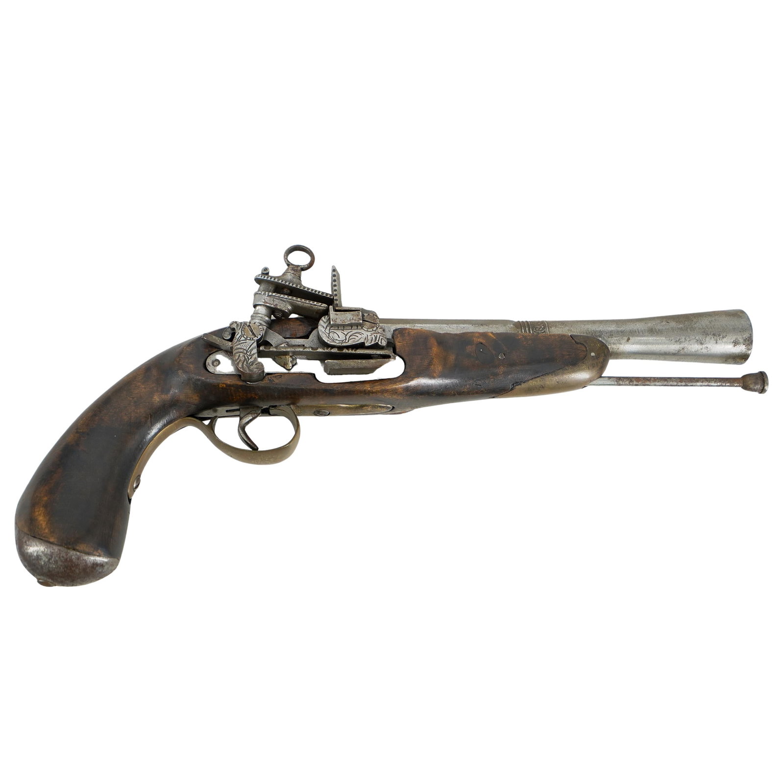 19th Century Flintlock Pistol Replica: 19th Century Flintlock Pistol Replica 19th Century Flintlock pistol replica, featuring wooden stock with brass trigger guard, engraved barrel and hammer. Markings "ARI MA FMR" H: 7.5" L: 14.5"