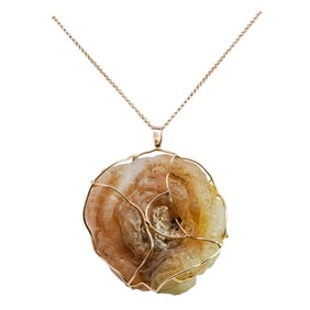 14k Gold Wrapped Quartz Pendant with Jade and Clear Stone on Chain
