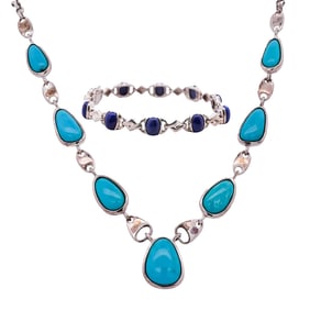 Pair of Sterling Silver, Lapis Lazuli and Turquoise Beaded Jewelry