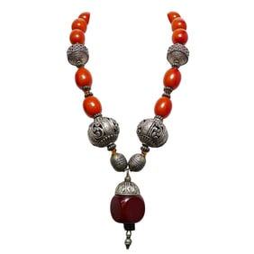 Tibetan Sterling and Wood Necklace