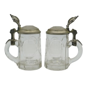 Pair of Antique German Intaglio Cut Crystal and Pewter Steins