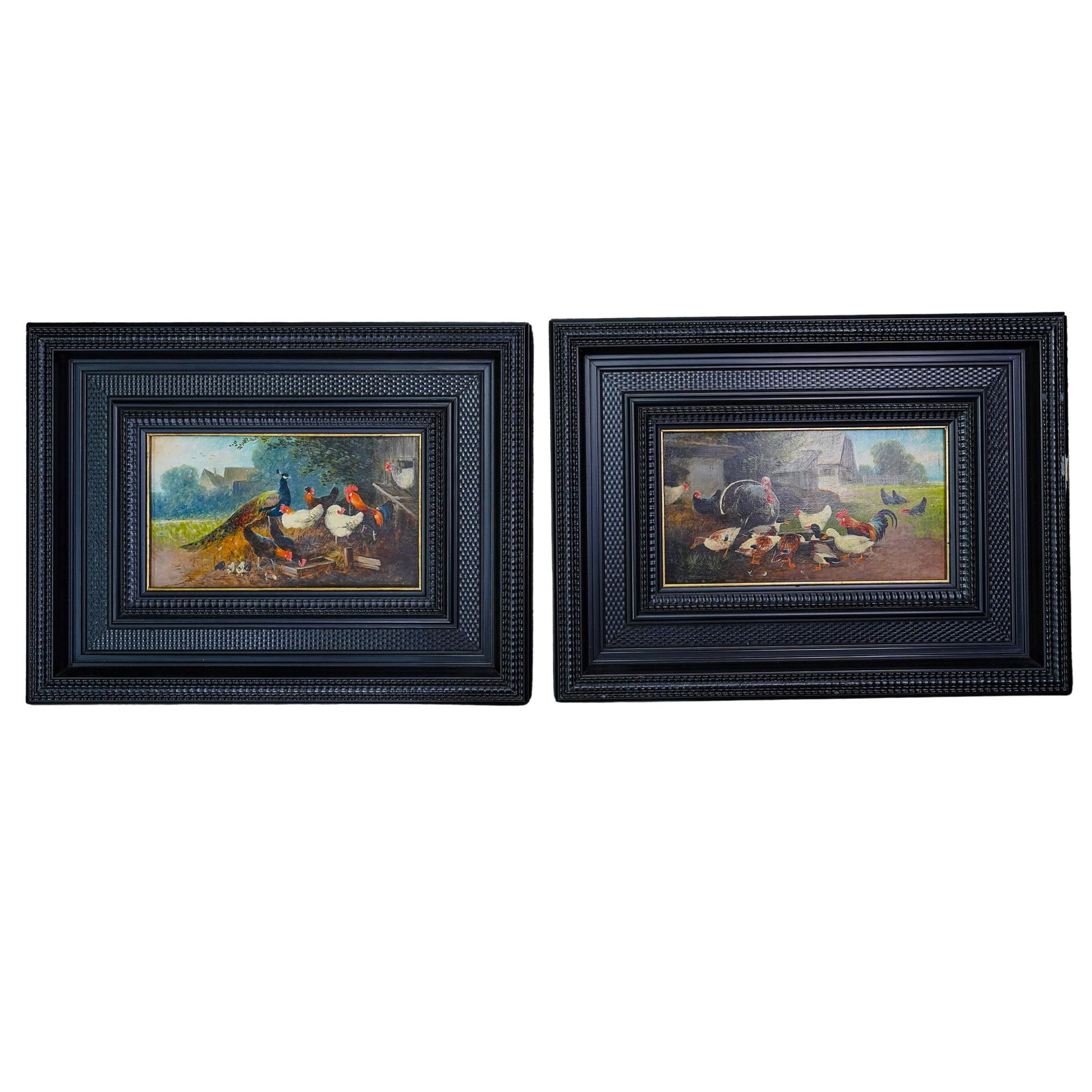 Style of Max Hanger the Younger Signed Oil on Canvas Paintings: Style of Max Hanger the Younger Signed Oil on Canvas Paintings Early 20th century, Germany Pair of oil on canvas paintings featuring various farm fowl in a landscape. Style similar to that of Max Hang