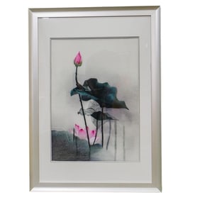 Asian Lotus Flower Silk Embroidery on Board