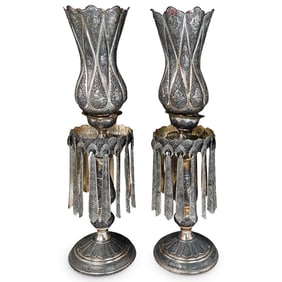 Pair of Antique Monumental Ornate Persian Silver Candle Lusters