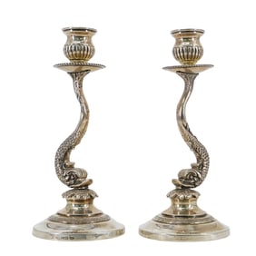 Pair Of Juan Carlos Pallarols Sterling Silver Dolphin Candlesticks