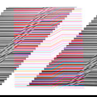 Cristina Ghetti (b. 1969, Argentine) Optical Art Painting: Cristina Ghetti (b. 1969, Argentine) Optical Art Painting 2009, Argentina/Spain Cristina Ghetti (b. 1969, Argentine active in Spain) abstract linear stripes painting. Stripes alternate in multicolor