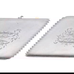 Faberge Silver Monogrammed Cigarette Case: Faberge Silver Monogrammed Cigarette Case 1890's, Russia Faberge silver cigarette case, featuring an engraved monogram at the center, a sapphire push button, and gold brushed interior. Complete with