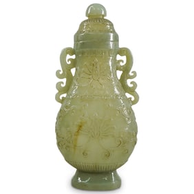Antique Finely Carved Chinese Mogul Style Lidded Jade Vase