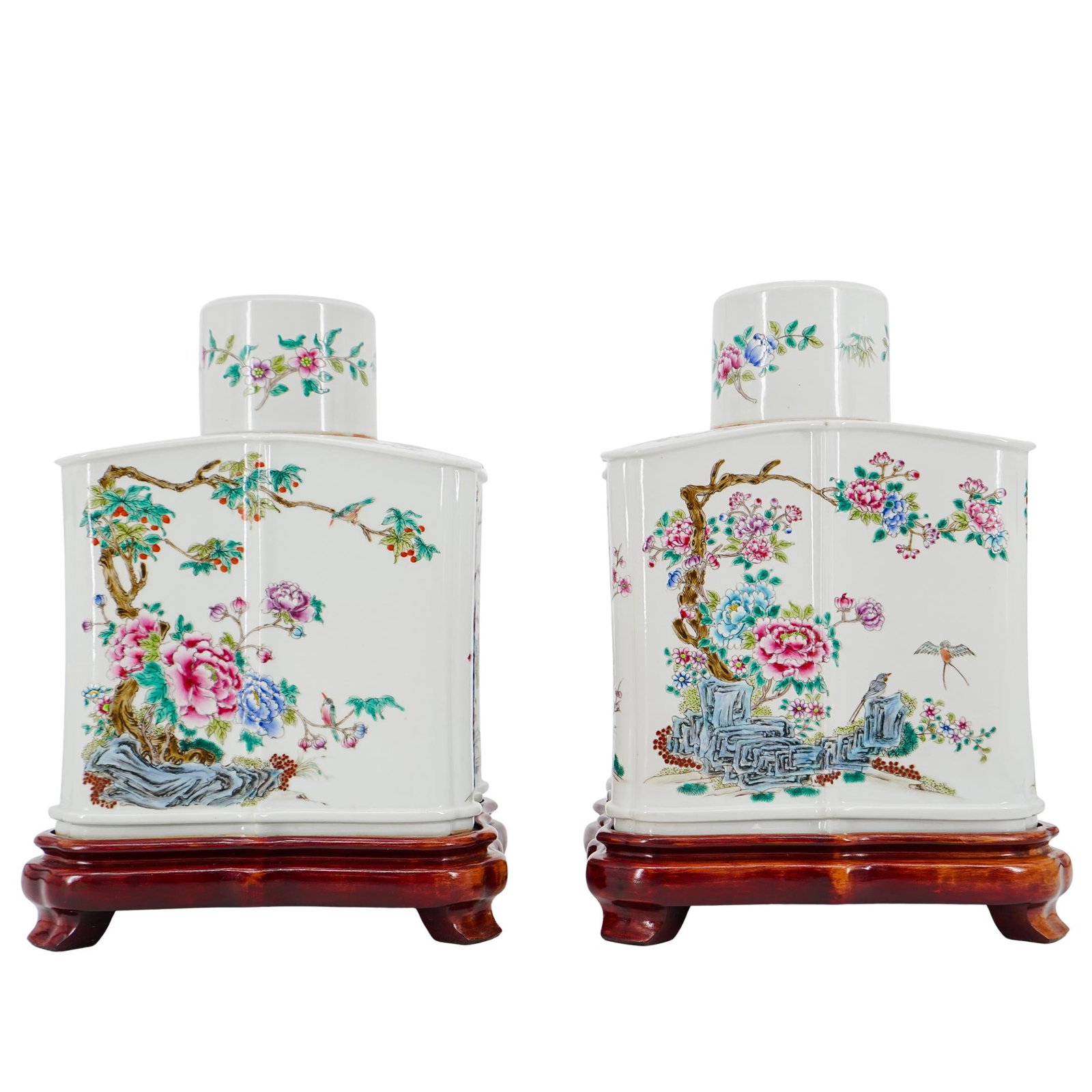 Antique Chinese Qing Dynasty Porcelain Tea Caddies: Antique Chinese Qing Dynasty Porcelain Tea Caddies1862-1875, ChinaAntique Chinese Qing Dynasty porcelain tea caddies, featuring flowers and birds in fencai enamels. Atop carved hardwood stands. Comple