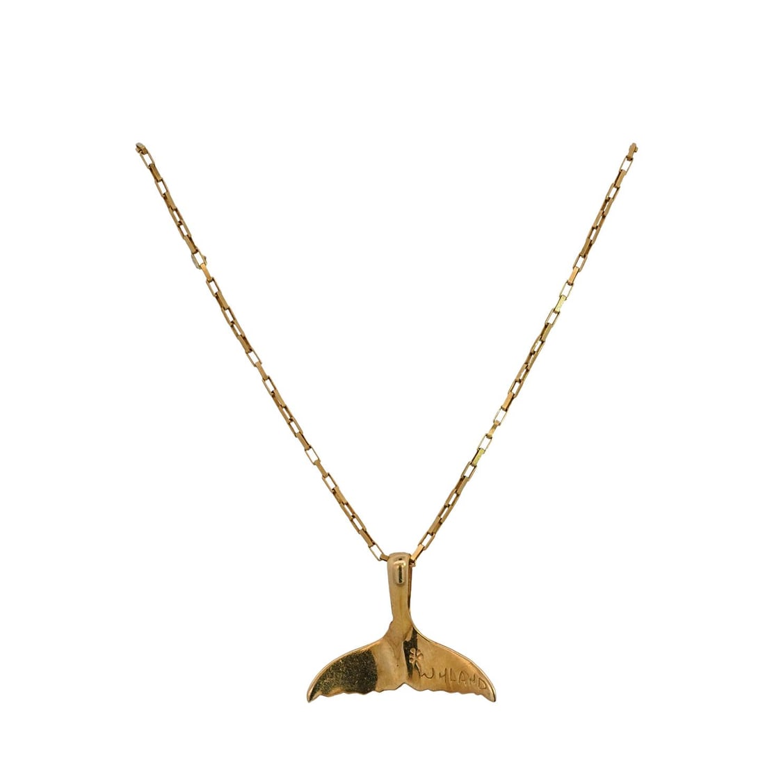 Robert Wyland 14k Gold Whale Tail Pendant Necklace: Robert Wyland 14k Gold Whale Tail Pendant Necklace20th Cent, USAA 14k yellow gold whale tail pendant. stamped "14k" and signed "Wyland". Attached to a 14k gold box chain necklace. Total Weight: 4.91 G