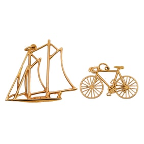 (2 Pc) 14k Gold Sailboat and Bicycle Pendant