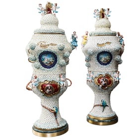 Pair Of Monumental Dresden Style Porcelain Urns
