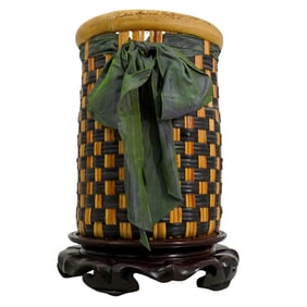 Hand Signed Mackenzie-Childs Rattan & Bamboo Wastebasket