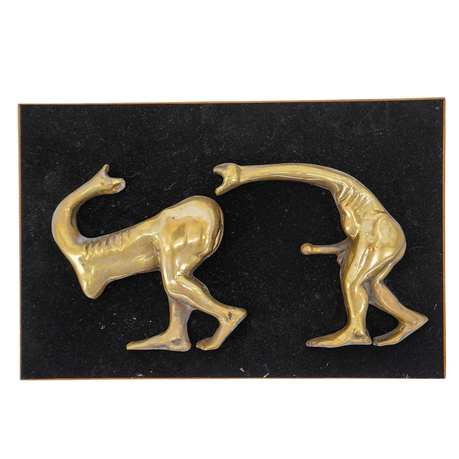 Erotic Bronze Surrealist Plaque: Erotic Bronze Surrealist Plaque Mid 20th century, Israel Erotic bronze Surrealist figural plaque featuring two figures with female and male genitalia. Marked on female foot "made in Israel". Black fel