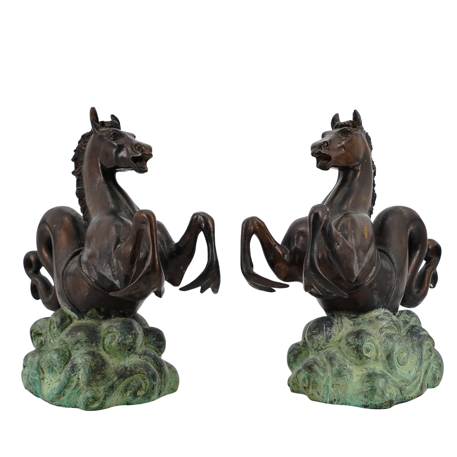 Pair of Bronze Horse Sculptures: Pair of Bronze Horse Sculptures 20th century, Europe Pair of bronze sculptures depicting mystical horses rearing up, each with a sea-like lower body resembling a seahorse’s tail. The horses are dark