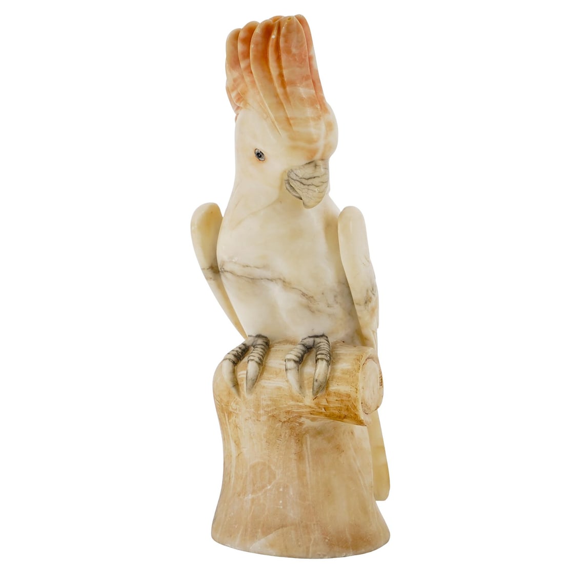 Antique Alabaster Cockatoo Sculpture: Antique Alabaster Cockatoo Sculpture20th century, ContinentalA sculpture of a cockatoo made from alabaster. The piece is primarily cream-colored with light peach tones and gray details. The cockatoo i