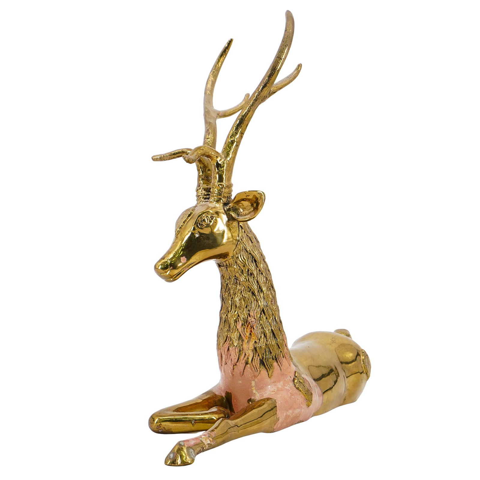 Vintage Brass Recumbent Deer Sculpture: Vintage Brass Recumbent Deer Sculpture20th Century, ThailandVintage Thai Brass Recumbent Deer Sculpture, featuring a serene, reclining pose with tall, curved antlers and finely textured detailing alon