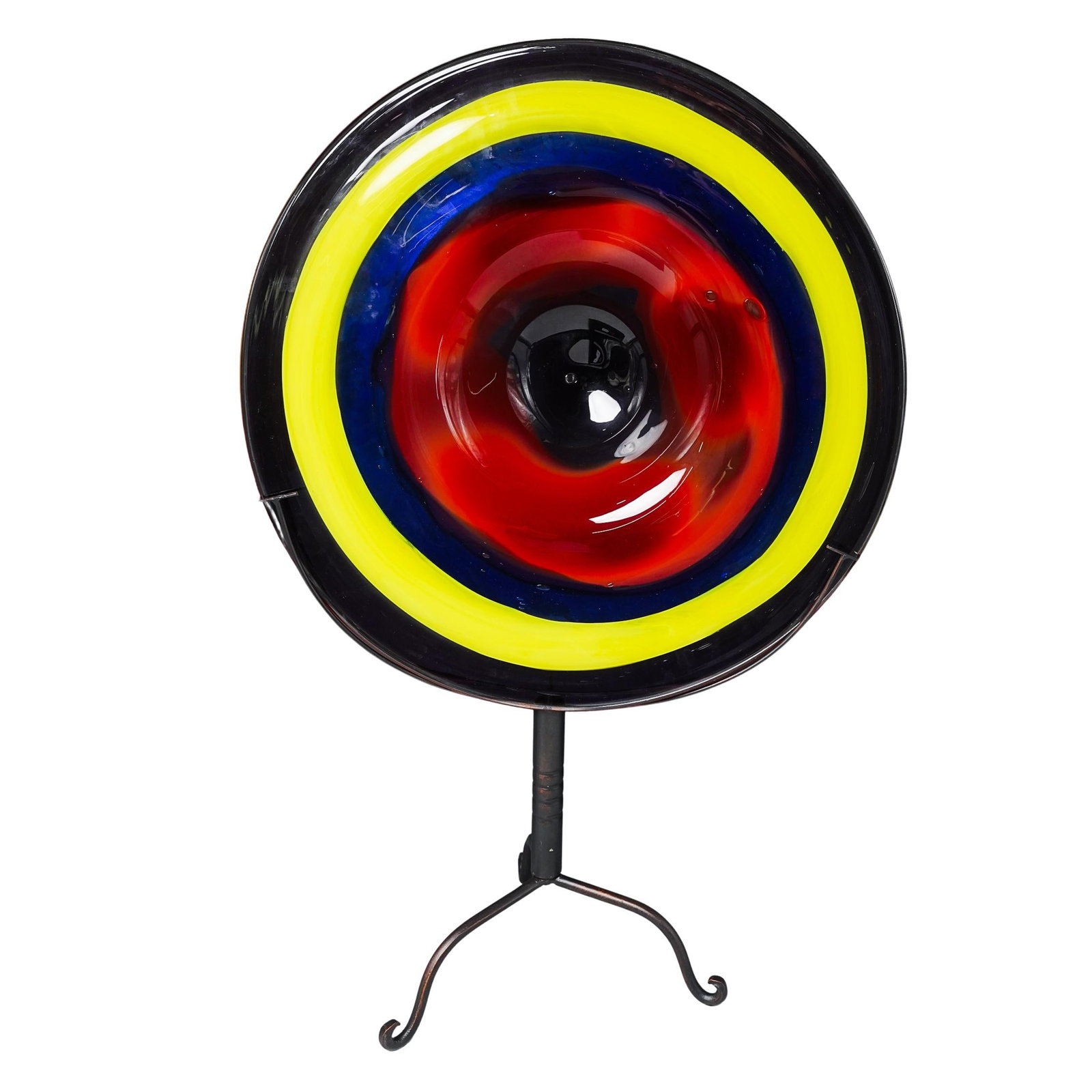 Contemporary Blown Glass Sculpture: Contemporary Blown Glass Sculpture Mid 20th Century, Continental Contemporary blown glass sculpture, featuring concentric rings of vivid color that spiral inward. Sits atop a black metal stand. H: 29.