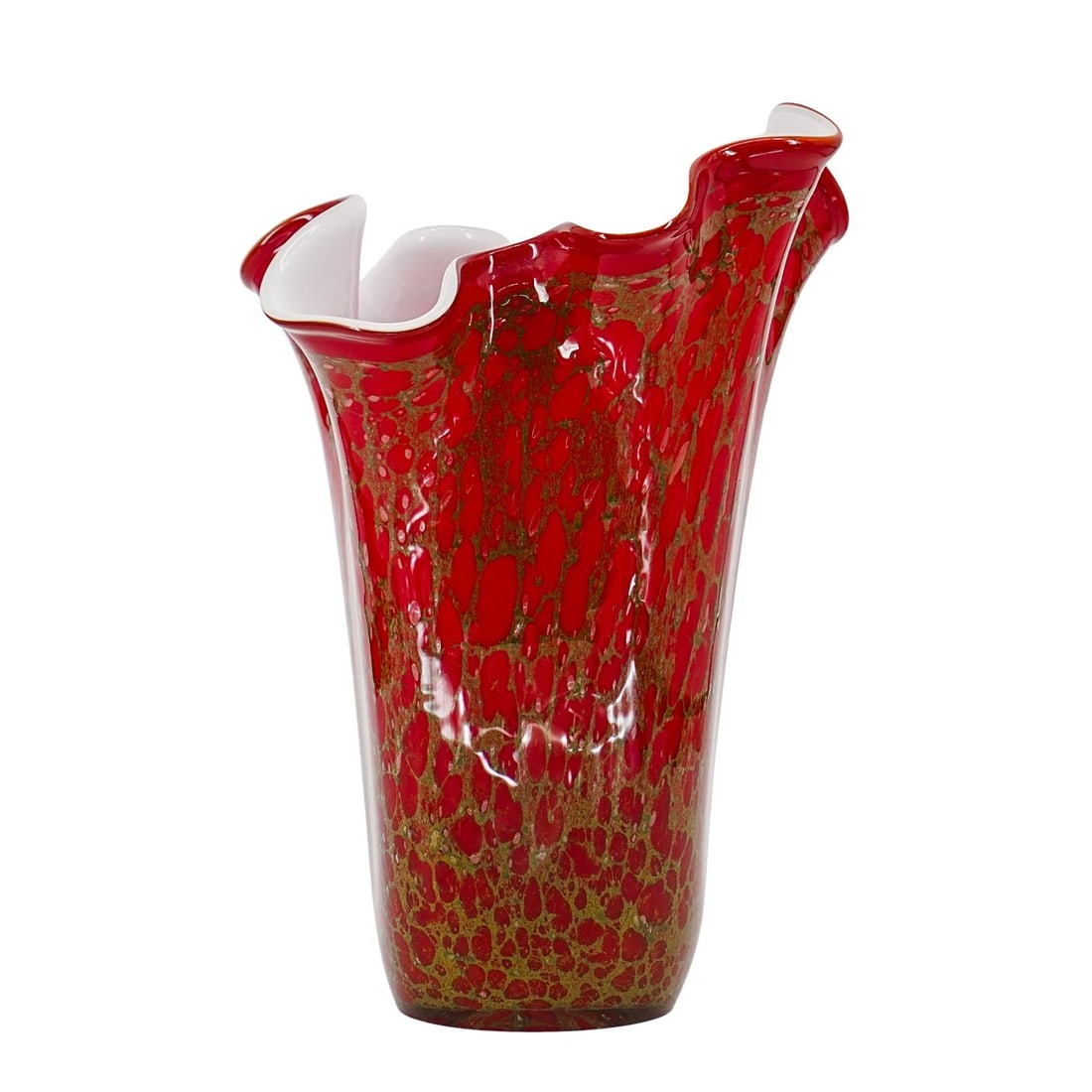 Large Murano Art Glass Ruffled Vase: Large Murano Art Glass Ruffled Vase 20th century, Italy A red Murano art glass vase with gold accents and a ruffled, white interior lip. H: 13 1/2" W: 10"