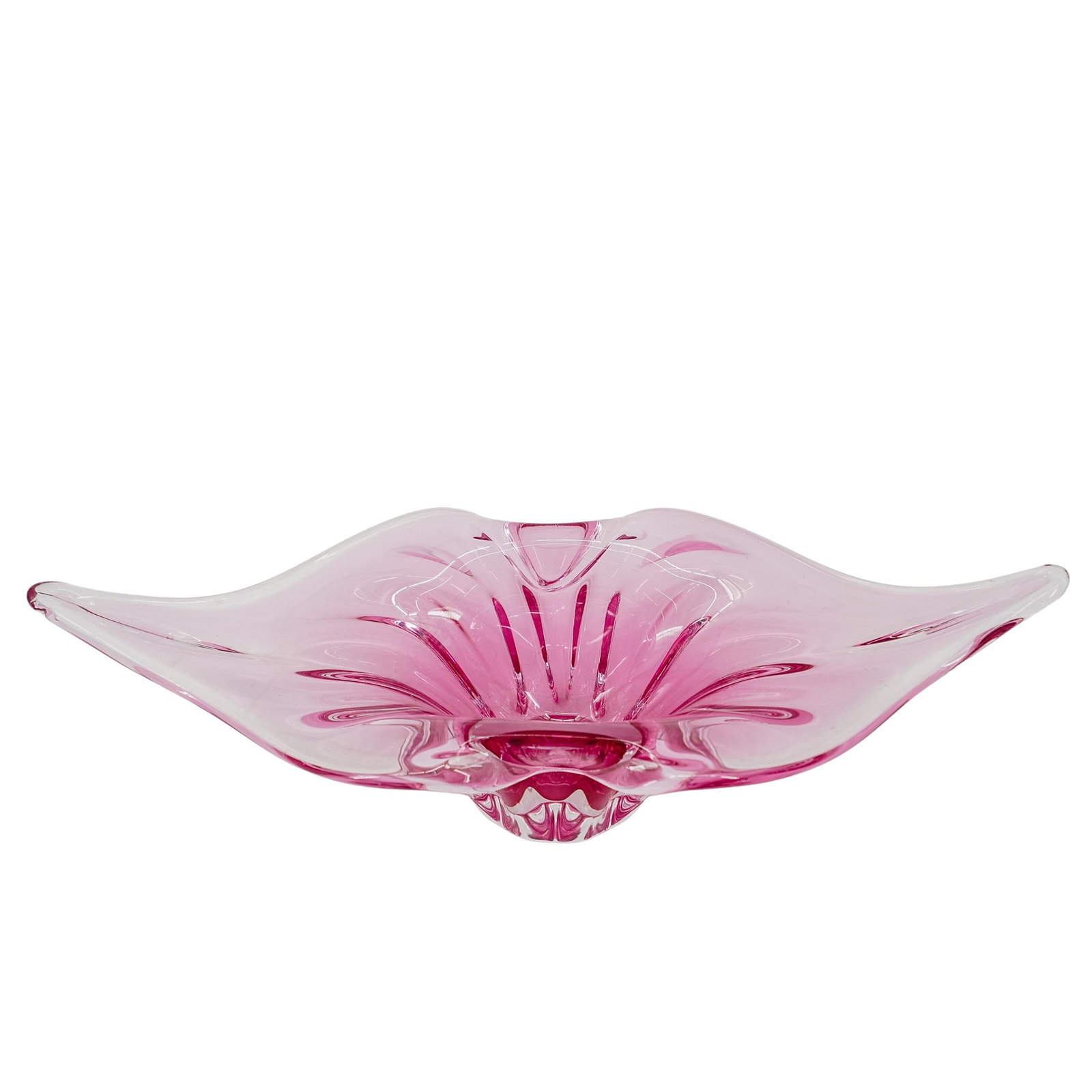 Murano Pink Glass Wave Bowl: Murano Pink Glass Wave Bowl 20th century, Italy Handblown from pink-hued glass, this artistic wave bowl features a sculptural design with ridges and flowing curves. H: 4" W: 17"
